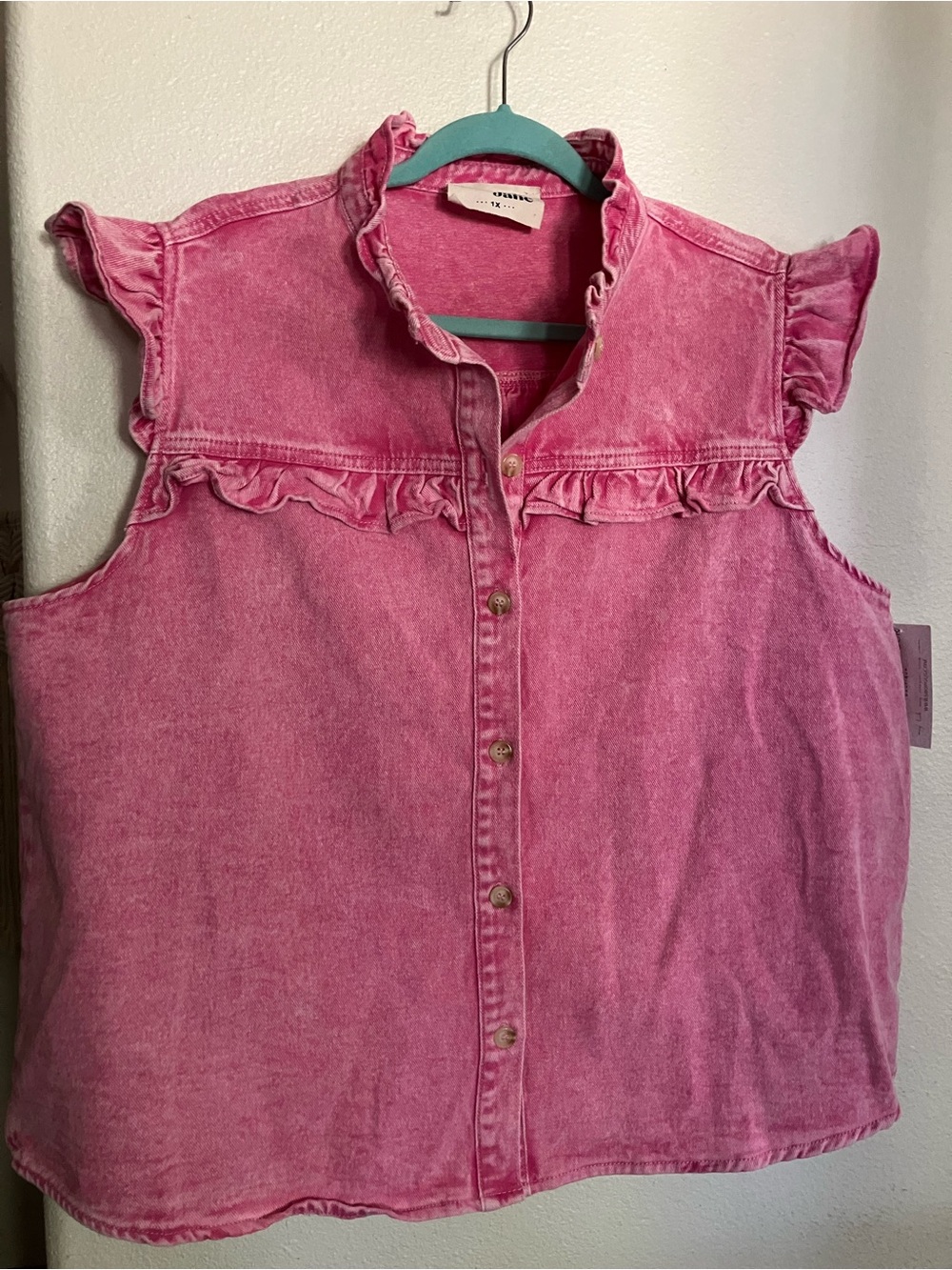 Savanna Jane Pink Denim Ruffle-Trim Sleeveless Button-Down Top Western Vest